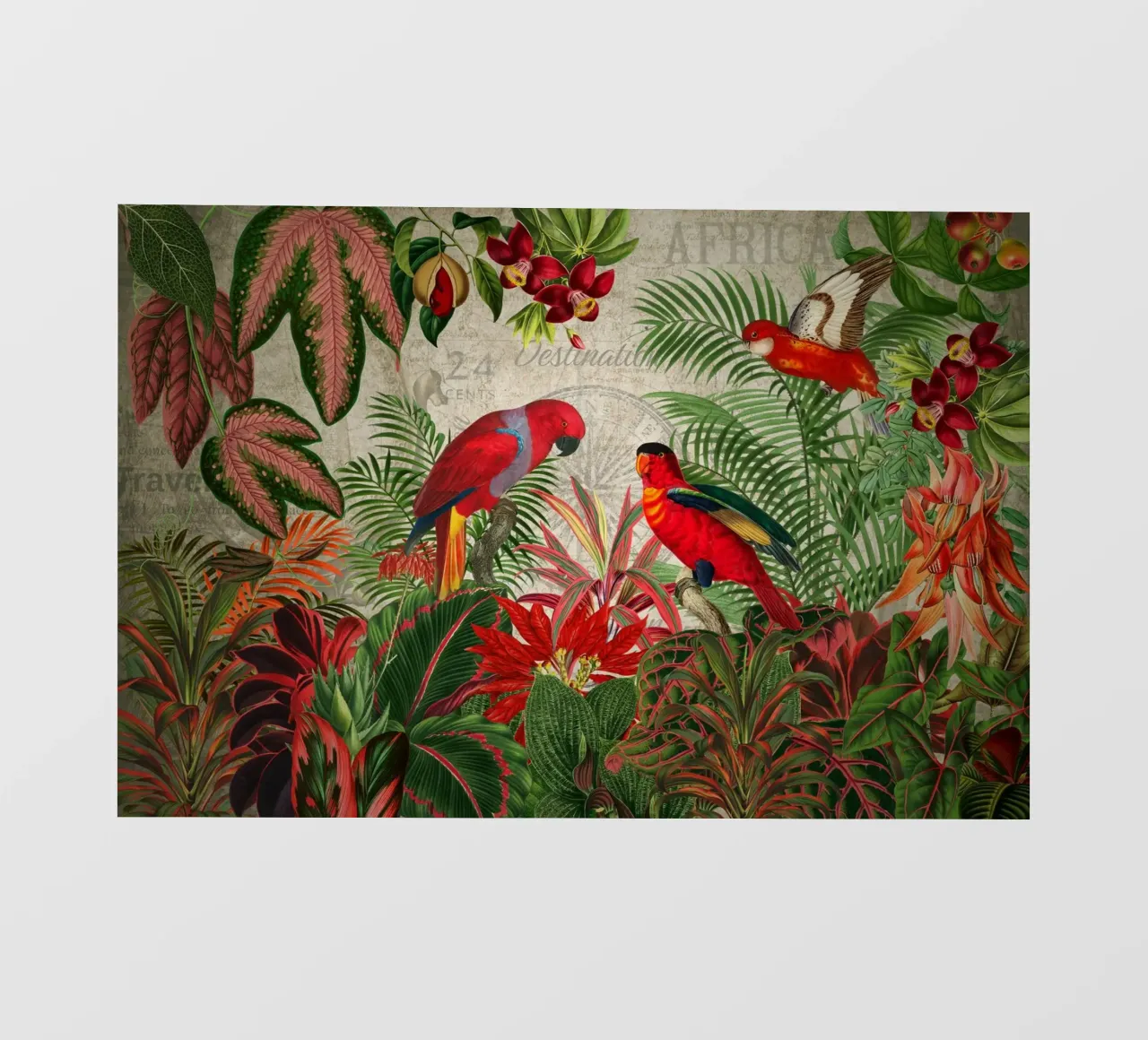 Giungla selvaggia tropicale vintage con cacatua rossi pellicola backlit da Vintage World - Uta Naumann