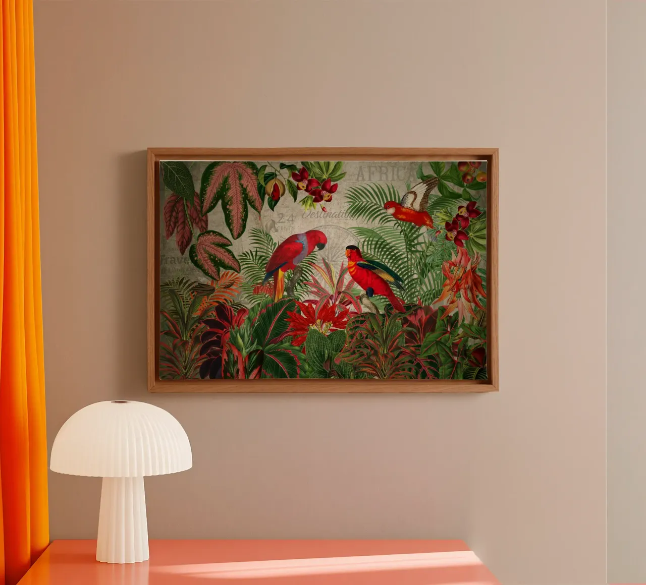 Vintage tropische wilde jungle met rode kaketoes canvas met Baklijst van Vintage World - Uta Naumann