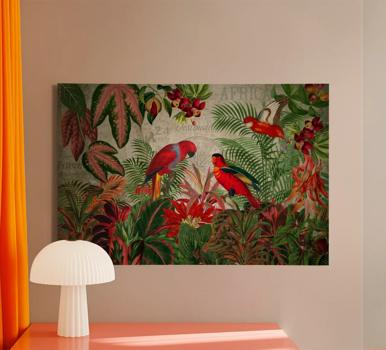 Vintage tropische wilde jungle met rode kaketoes canvas met Baklijst van Vintage World - Uta Naumann