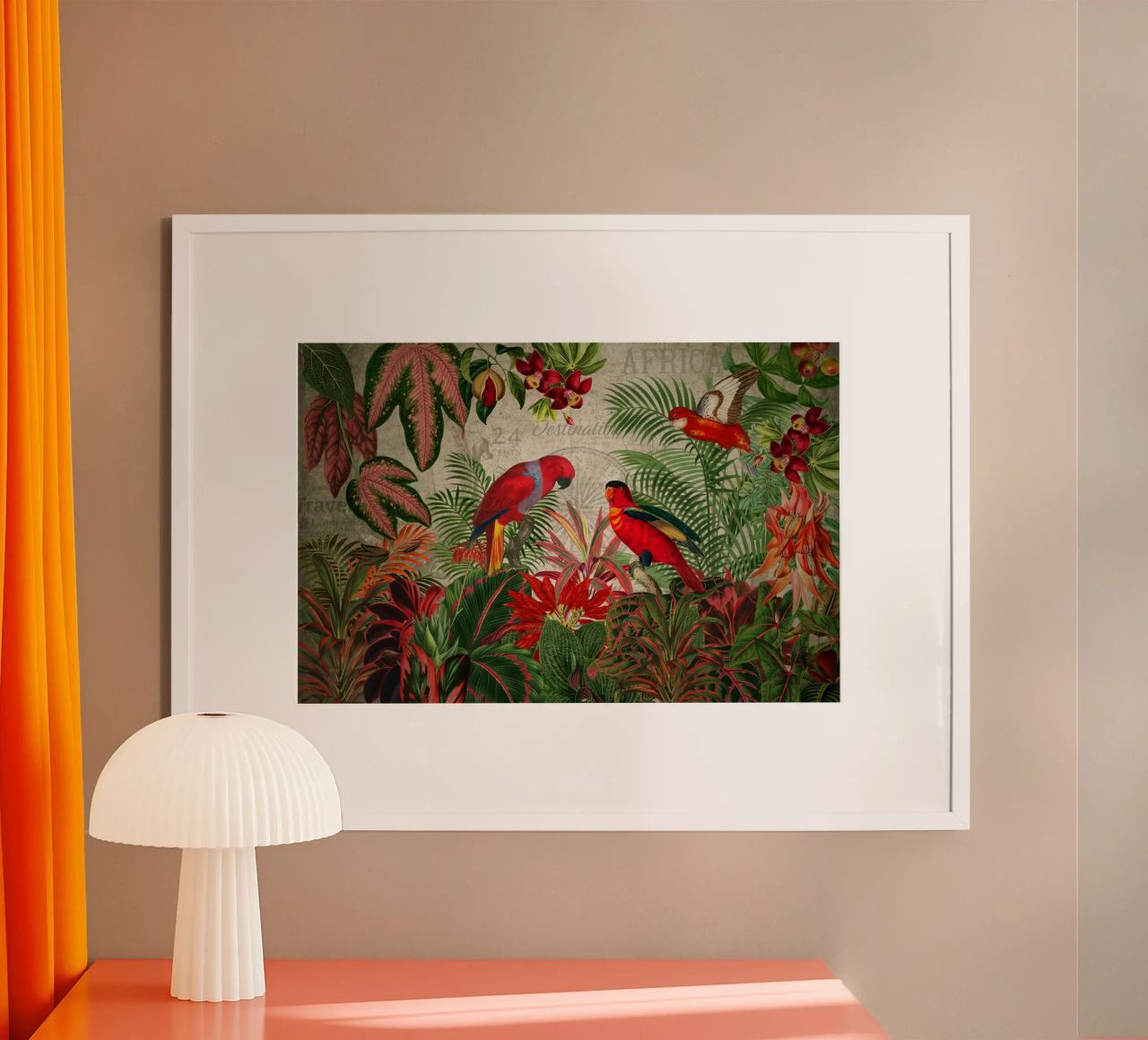 Vintage Tropical Wild Jungle With Red Cockatoos (Jungle tropicale sauvage avec des cacatoès rouges) poster de Vintage World - Uta Naumann