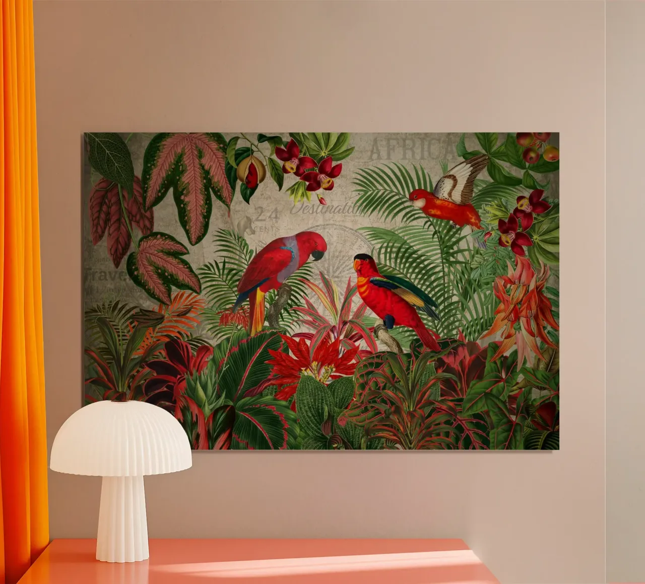 Giungla selvaggia tropicale vintage con cacatua rossi poster con telaio in plastica da Vintage World - Uta Naumann