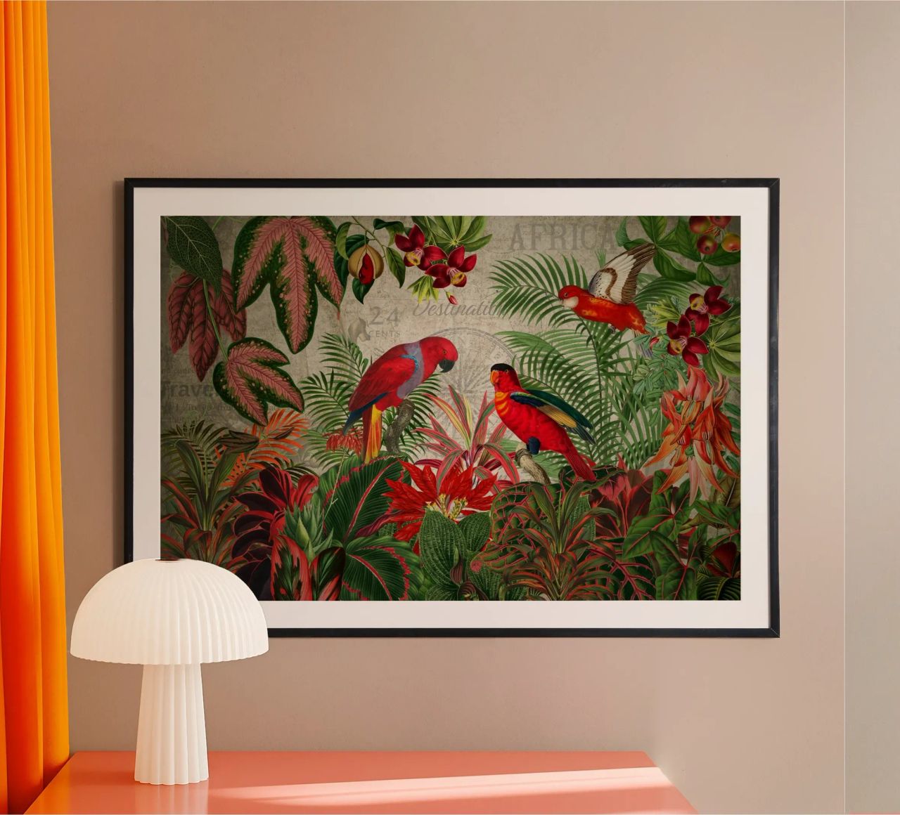 Vintage Tropical Wild Jungle With Red Cockatoos (Jungle tropicale sauvage avec des cacatoès rouges) poster de Vintage World - Uta Naumann