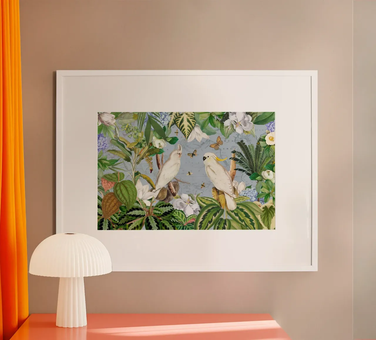 Cacatua bianchi Vita selvatica tropicale Vita esotica della giungla poster con telaio in plastica da Vintage World - Uta Naumann