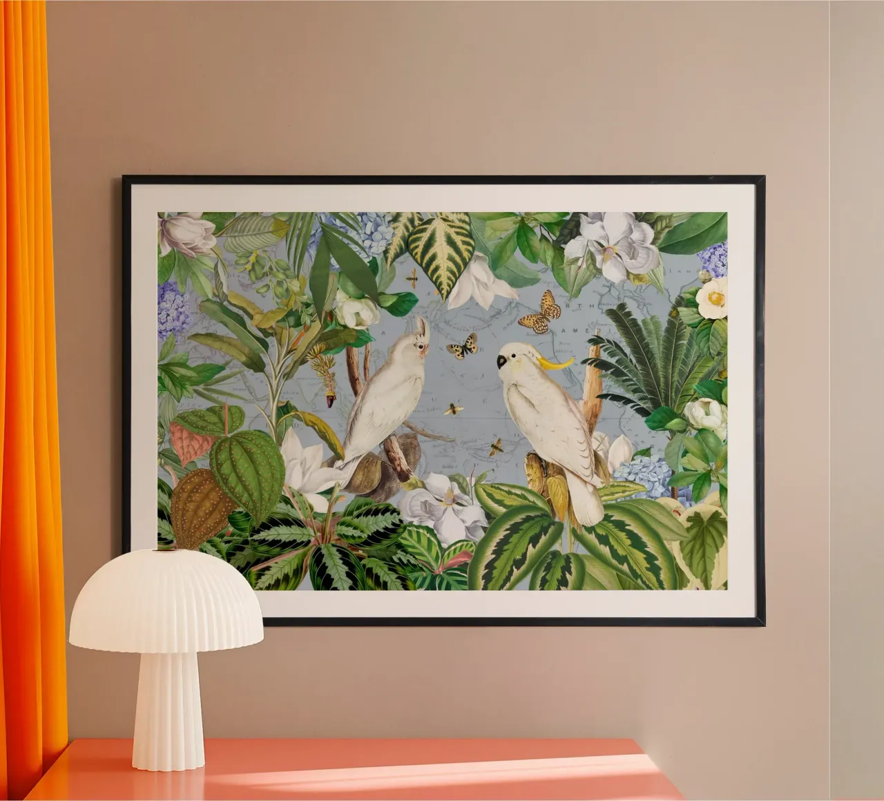 Cacatua bianchi Vita selvatica tropicale Vita esotica della giungla poster con telaio in plastica da Vintage World - Uta Naumann