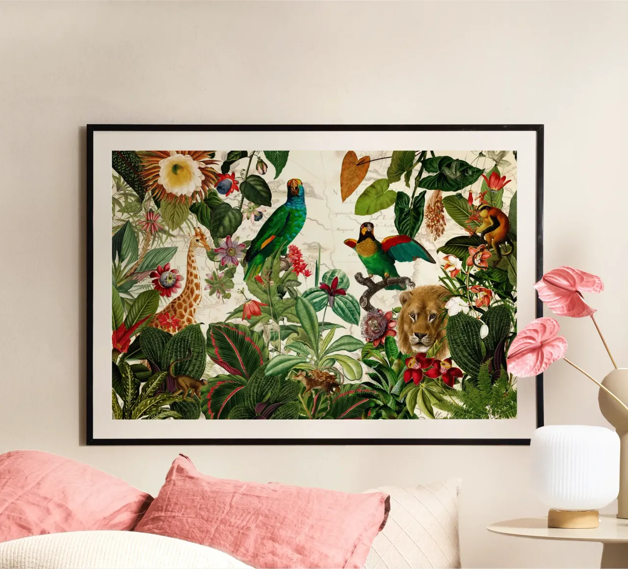 Animales salvajes tropicales Paisaje de safari en la jungla poster con marco de madera de Vintage World - Uta Naumann