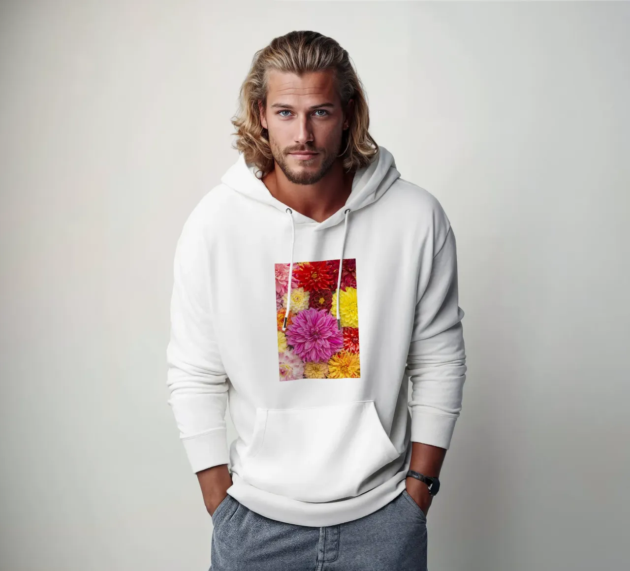 Un caleidoscopio di bellezza: Dalie miste felpa con cappuccio da Curious Collections by Marielle Leenders