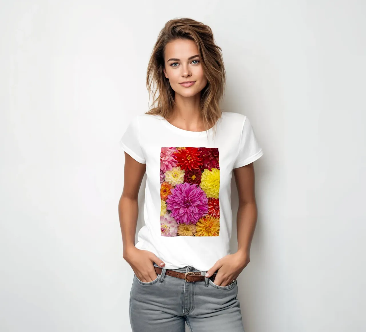Un caleidoscopio di bellezza: Dalie miste t-shirt da donna da Curious Collections by Marielle Leenders