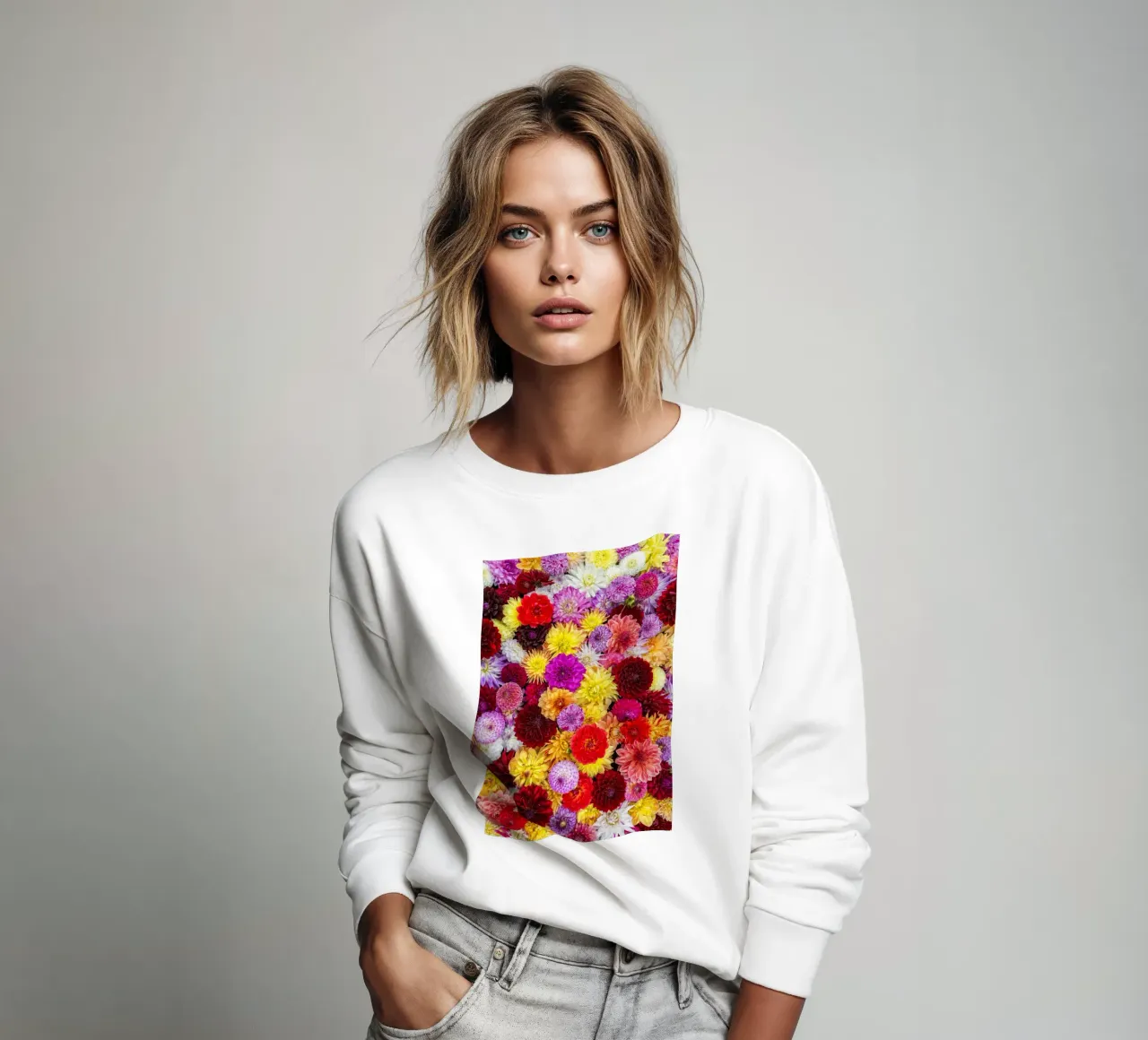 Un arazzo vibrante: Dalie miste in piena fioritura felpa da Curious Collections by Marielle Leenders