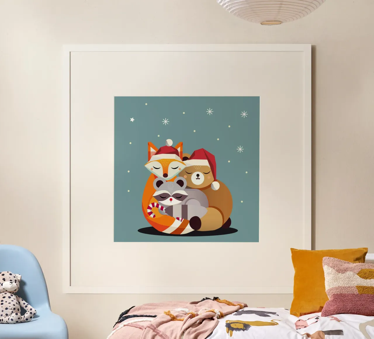 Animali della foresta e Natale - volpe, procione e orso poster con telaio in plastica da namosh