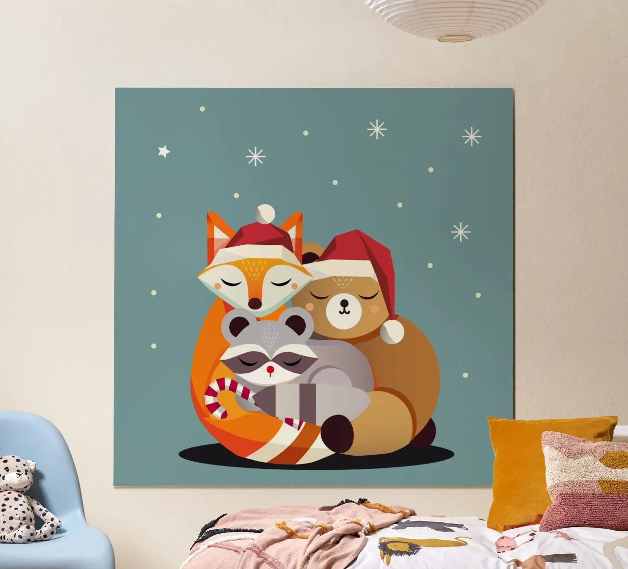Animali della foresta e Natale - volpe, procione e orso poster con telaio in plastica da namosh