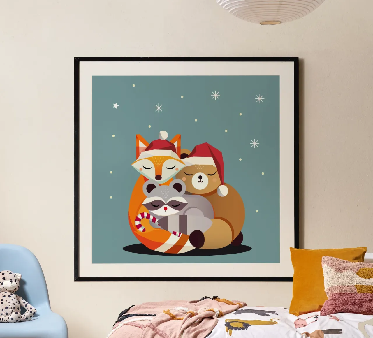 Animali della foresta e Natale - volpe, procione e orso poster con telaio in plastica da namosh