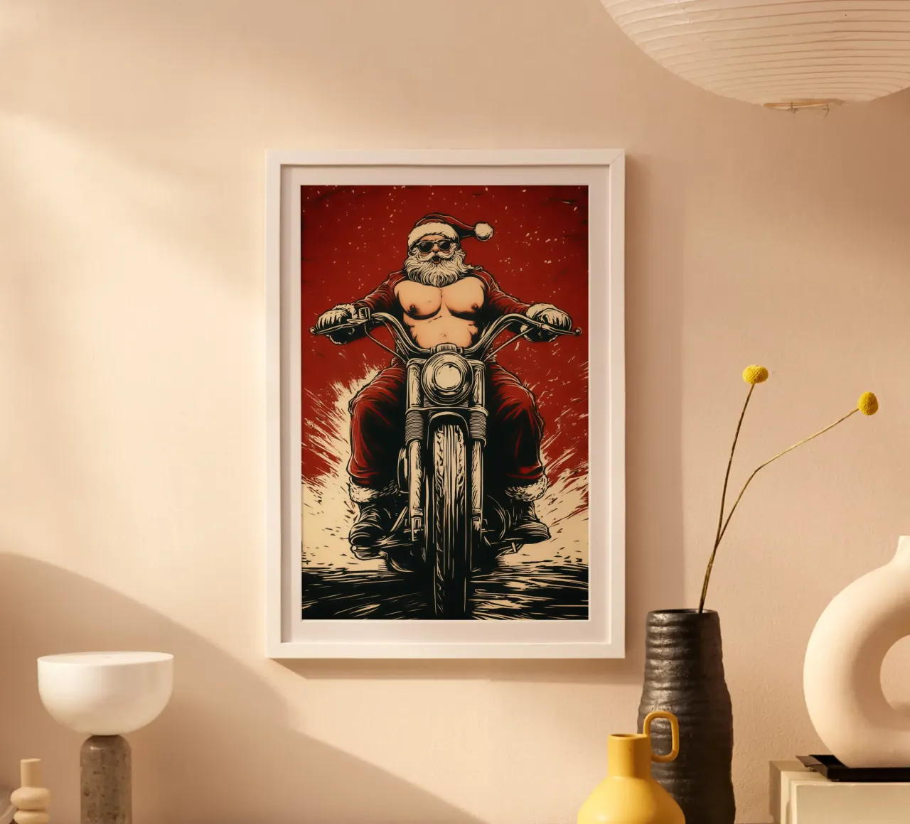 Santa Claus als Biker poster con telaio in plastica da Autofocus
