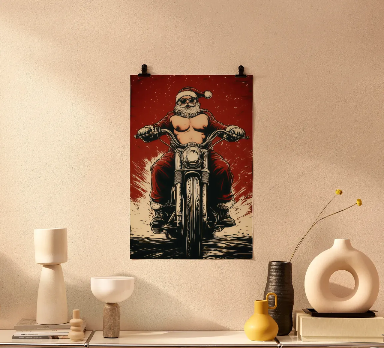 Santa Claus als Biker poster con telaio in plastica da Autofocus