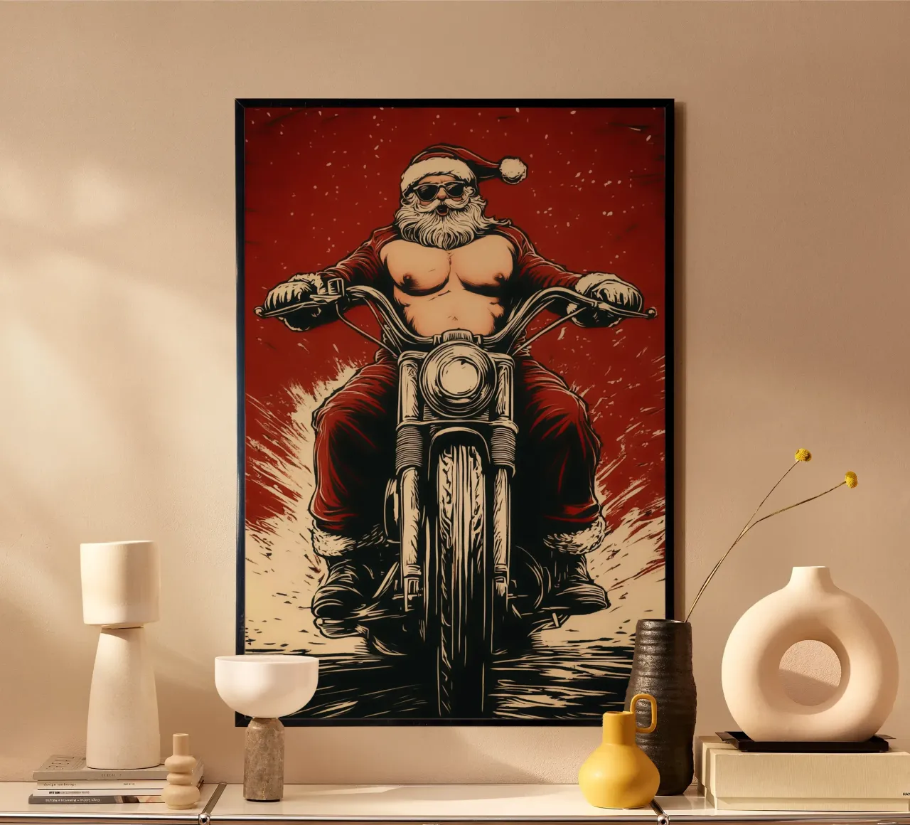 Santa Claus als Biker poster con telaio in plastica da Autofocus