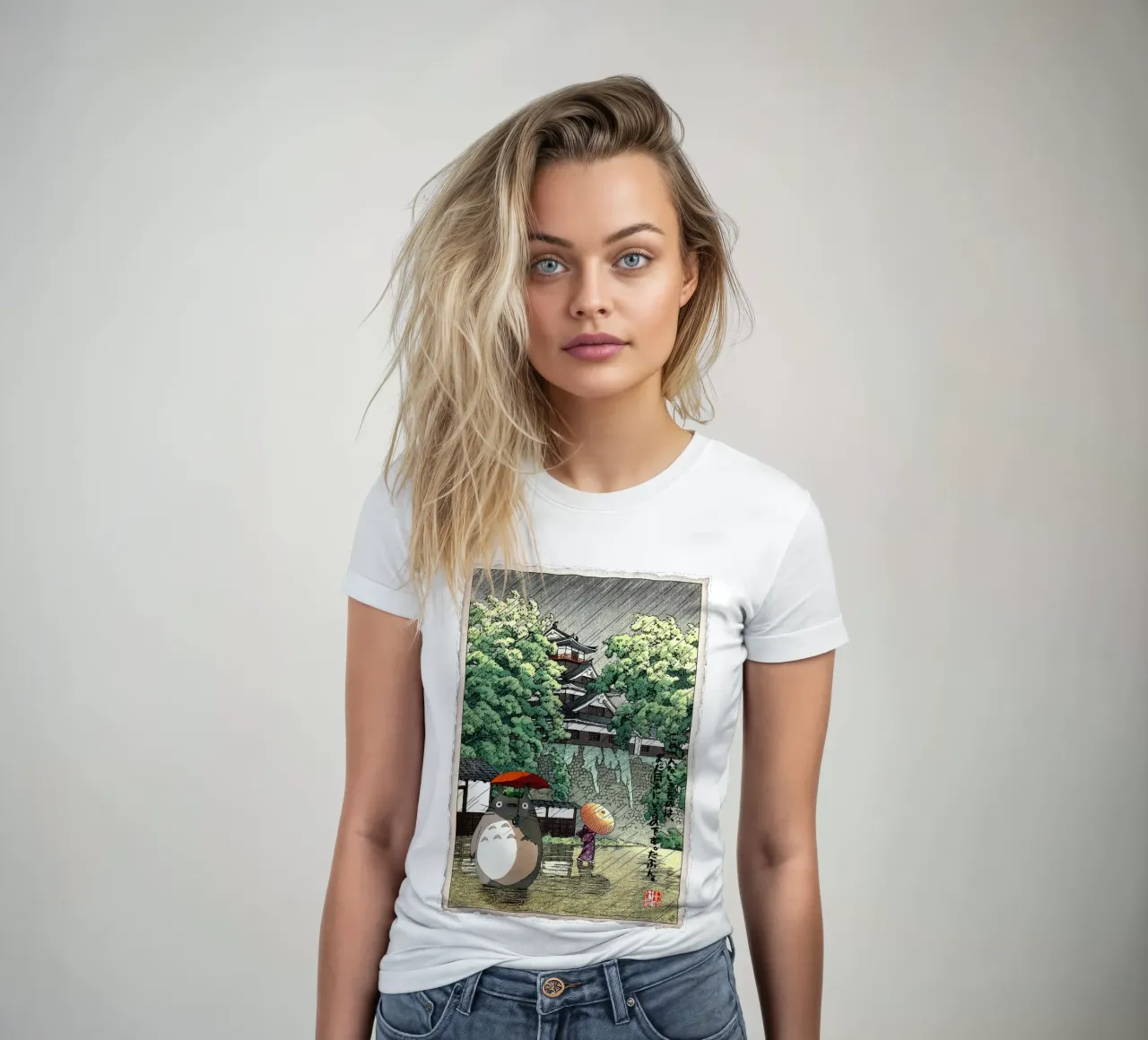 Totoro in the Rain - Japanese Woodblock Print Mashup women's fitted t-shirt by Mashtup