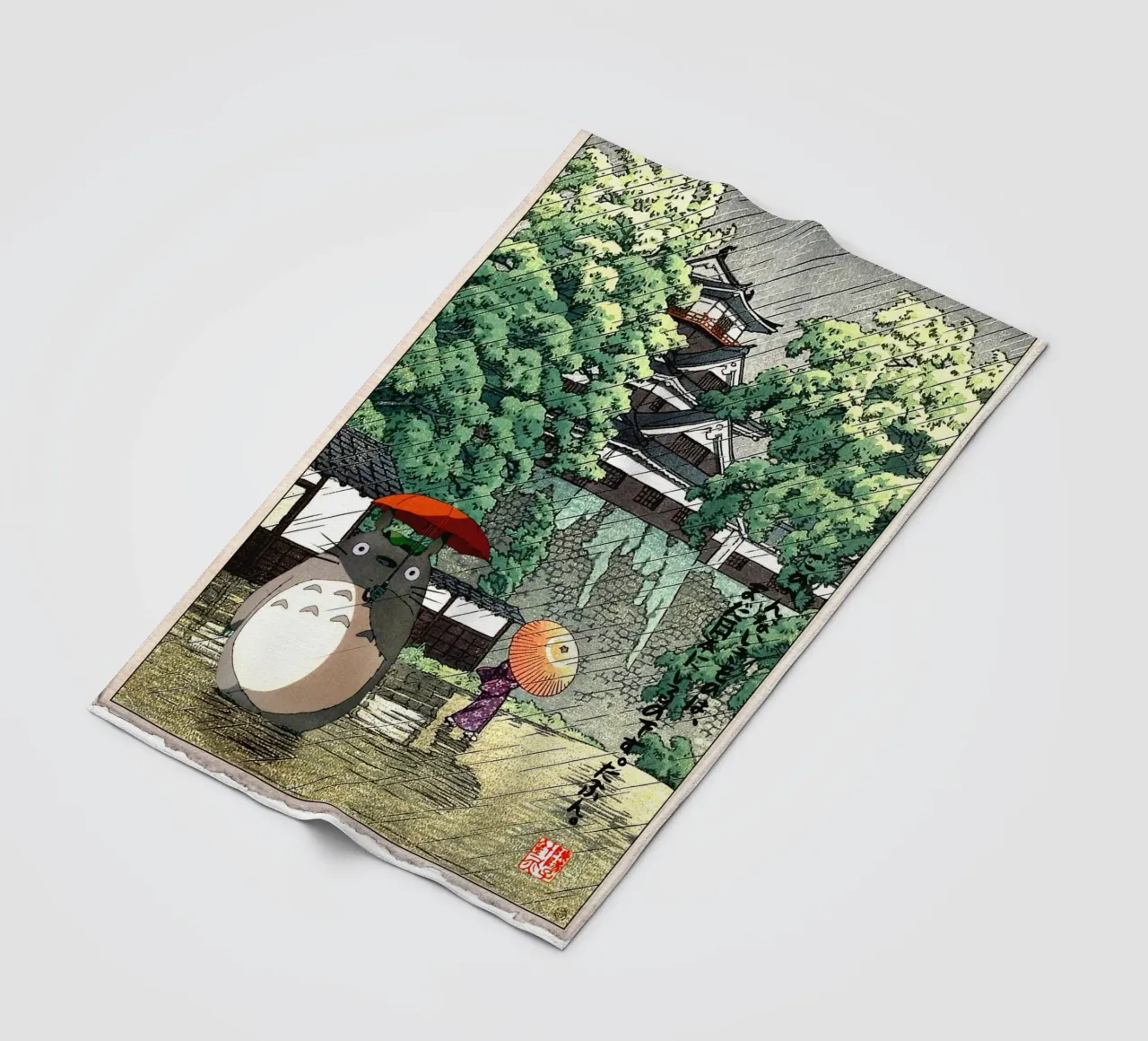 Totoro in de regen - Japanse houtsnijkunst Mashup fleecedeken van Mashtup