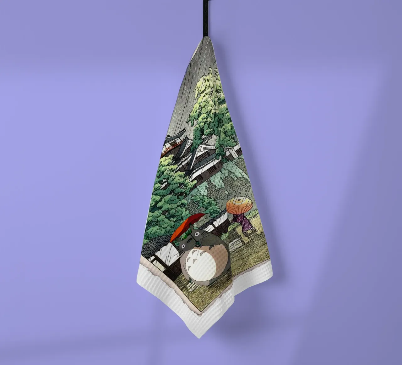 Totoro in the Rain - Japanese Woodblock Print Mashup tea towel by Mashtup