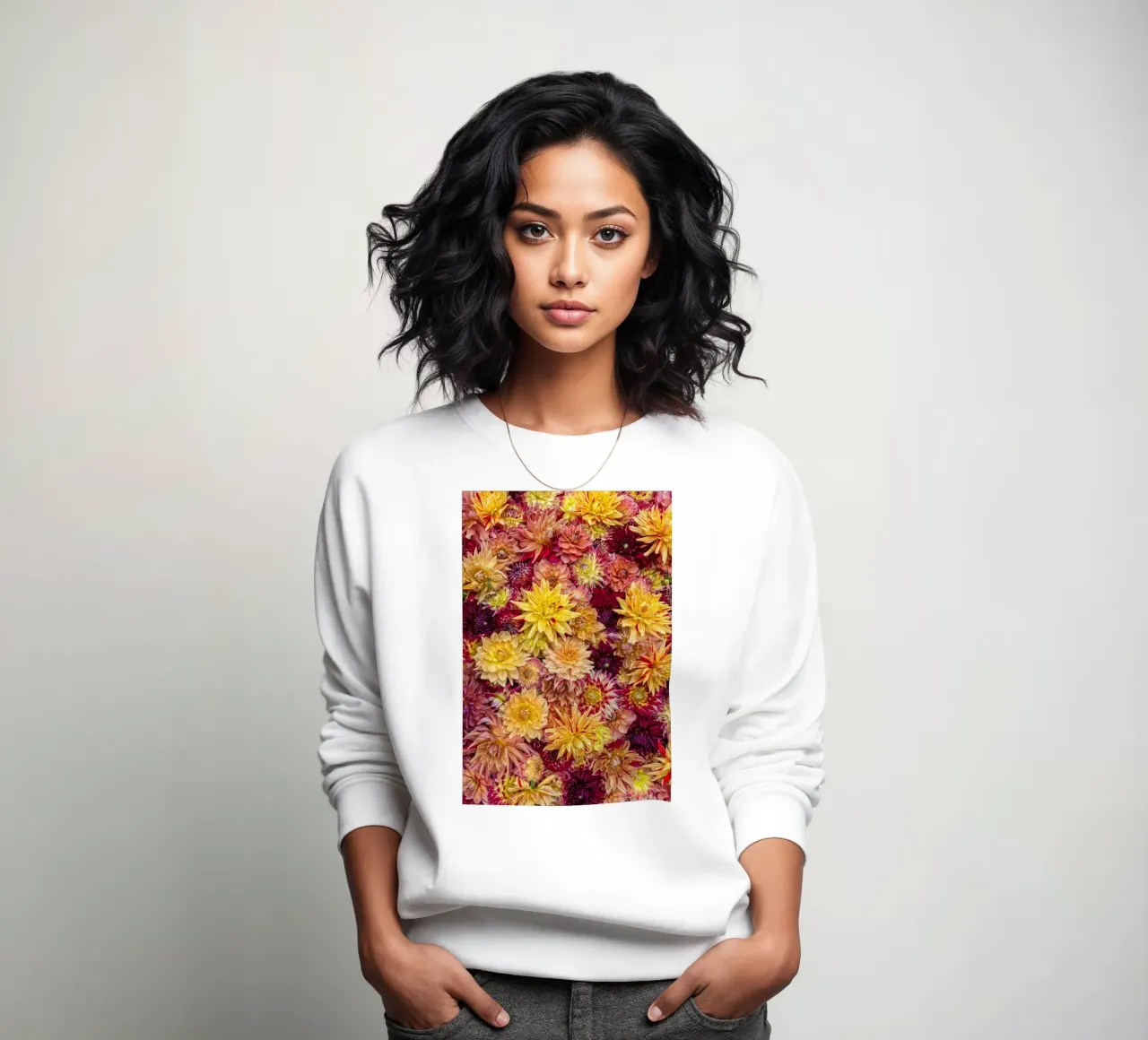 Un caleidoscopio di colori: un campo di dalia dai colori vibranti felpa da Curious Collections by Marielle Leenders