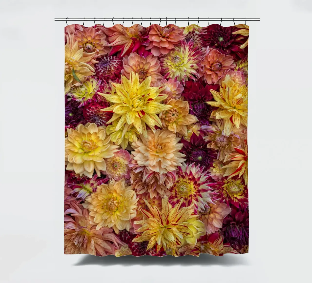 A Kaleidoscope of Color: A Field of Vibrantly Colored Dahlia shower curtain by Curious Collections by Marielle Leenders