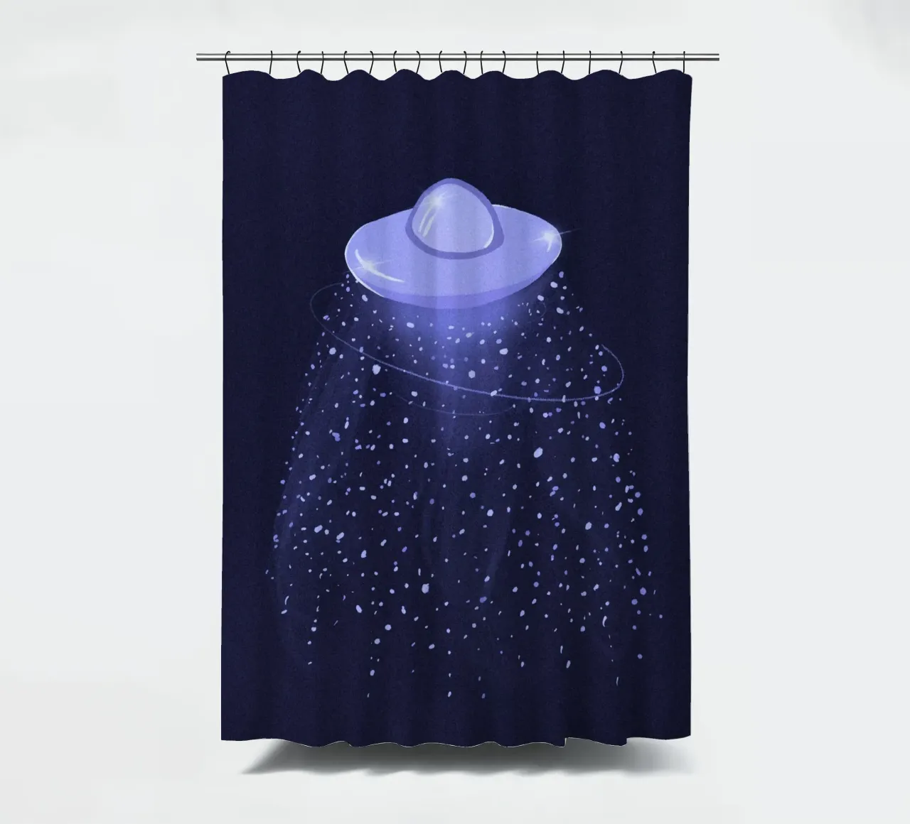 UFO mistico in una galassia blu lilla tenda da doccia da Lisa Jureczko Arts Illustration