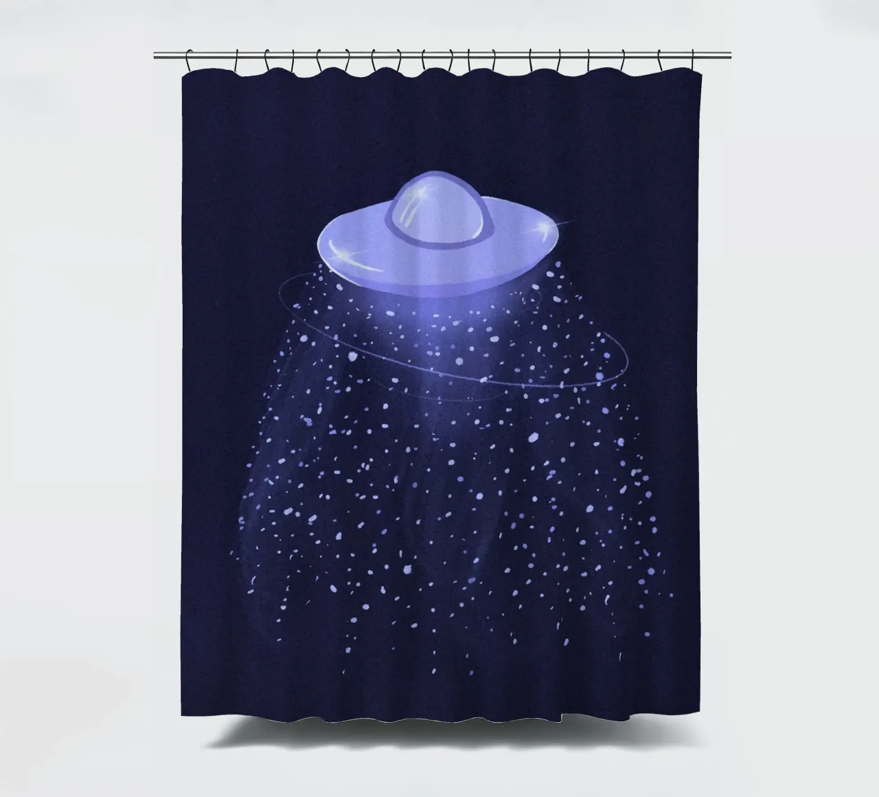 UFO mistico in una galassia blu lilla tenda da doccia da Lisa Jureczko Arts Illustration