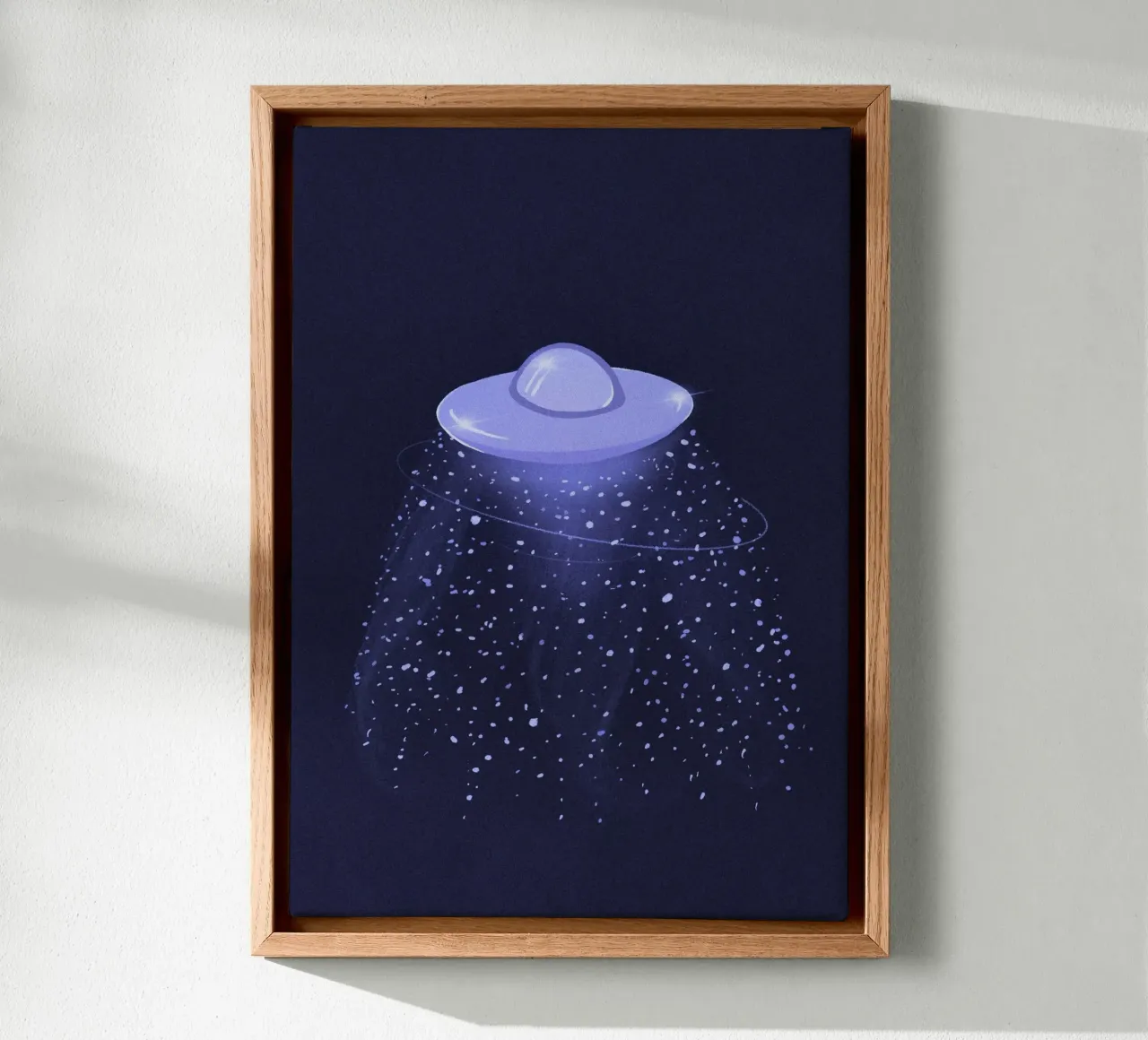 UFO mistico in una galassia blu lilla tela con Cornice a cassetta da Lisa Jureczko Arts Illustration