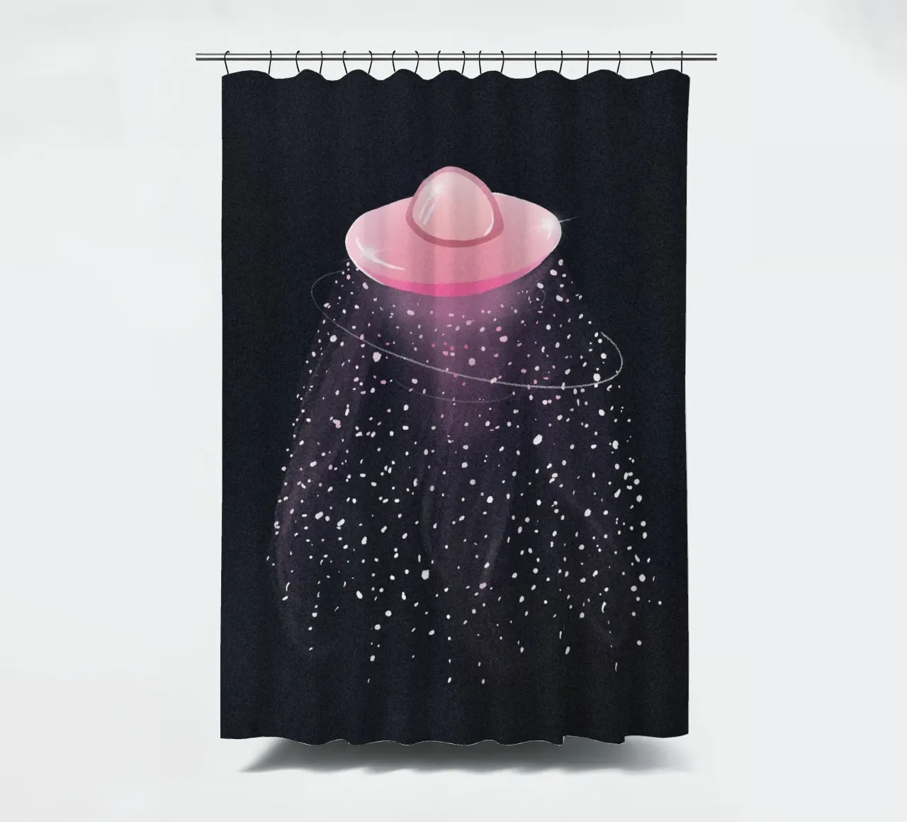 UFO mistico rosa chiaro in una galassia nera e scura tenda da doccia da Lisa Jureczko Arts Illustration