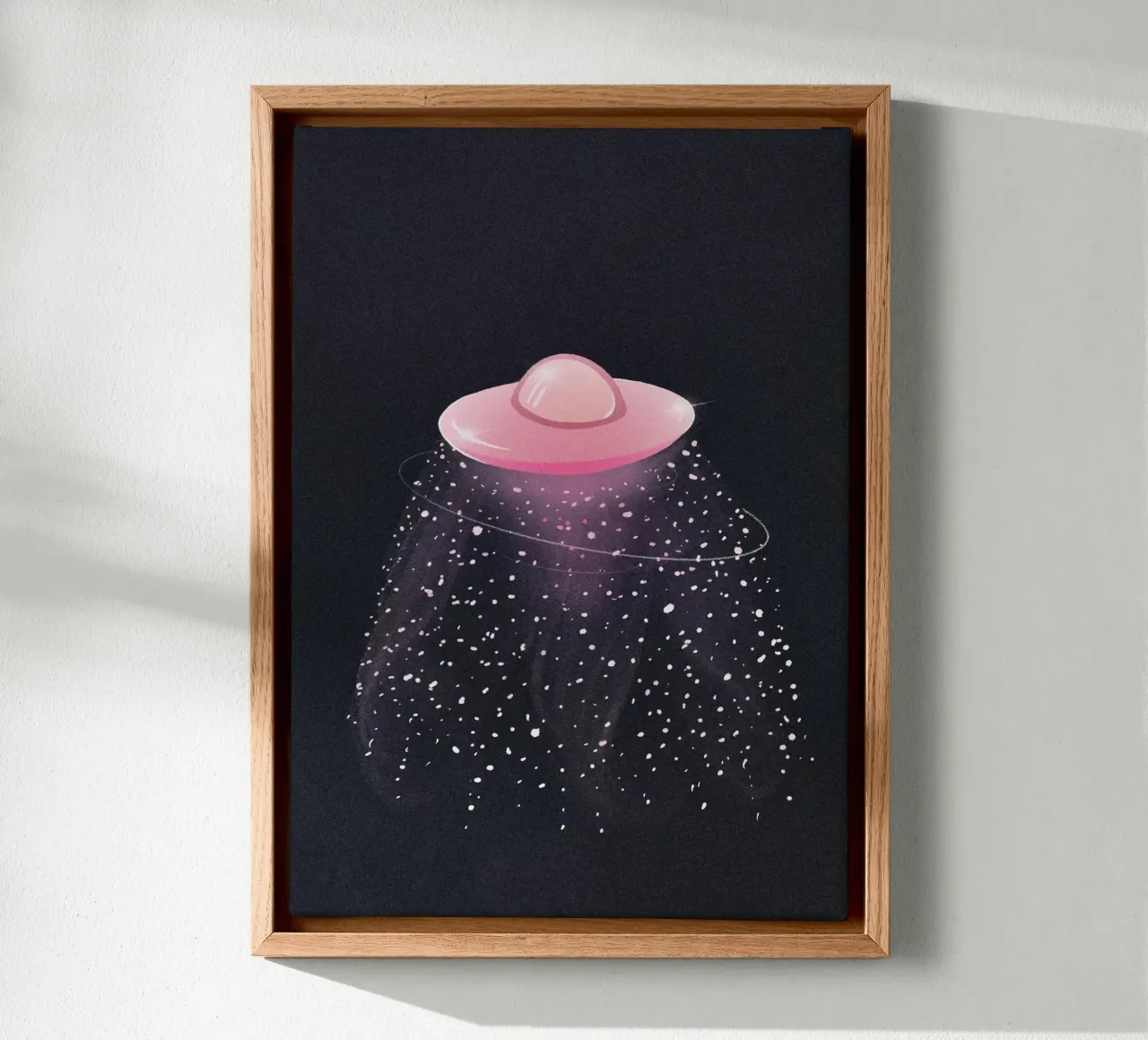 UFO mistico rosa chiaro in una galassia nera e scura tela con Cornice a cassetta da Lisa Jureczko Arts Illustration
