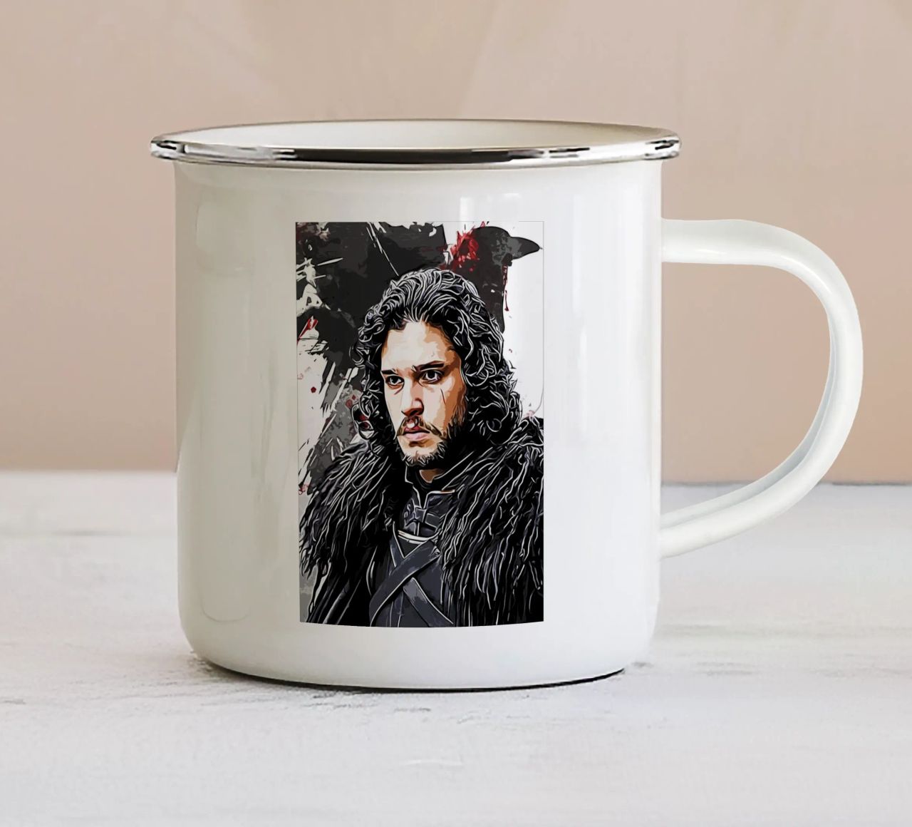 jon snow con raven tazza in smalto da ontoseno