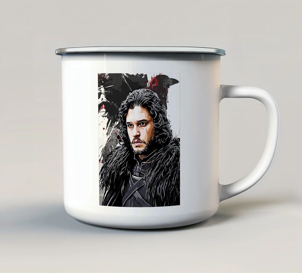 jon snow con raven tazza in smalto da ontoseno