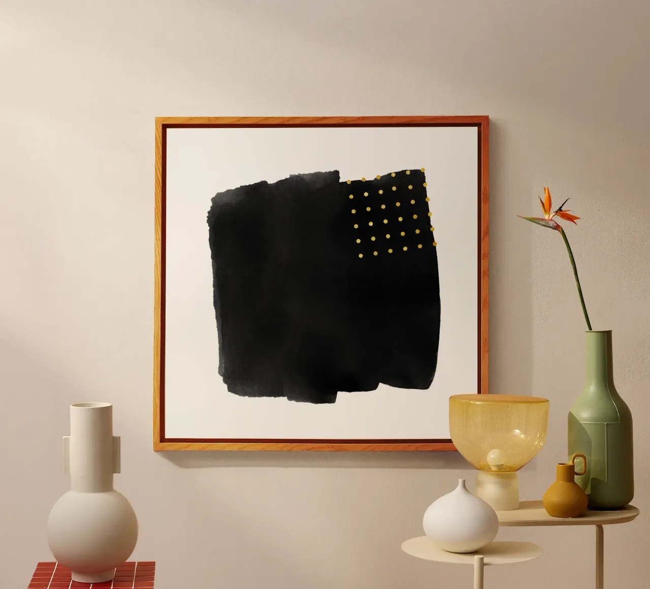 Pennellata astratta nera ad acquerello con pois dorati plexiglass da amini54