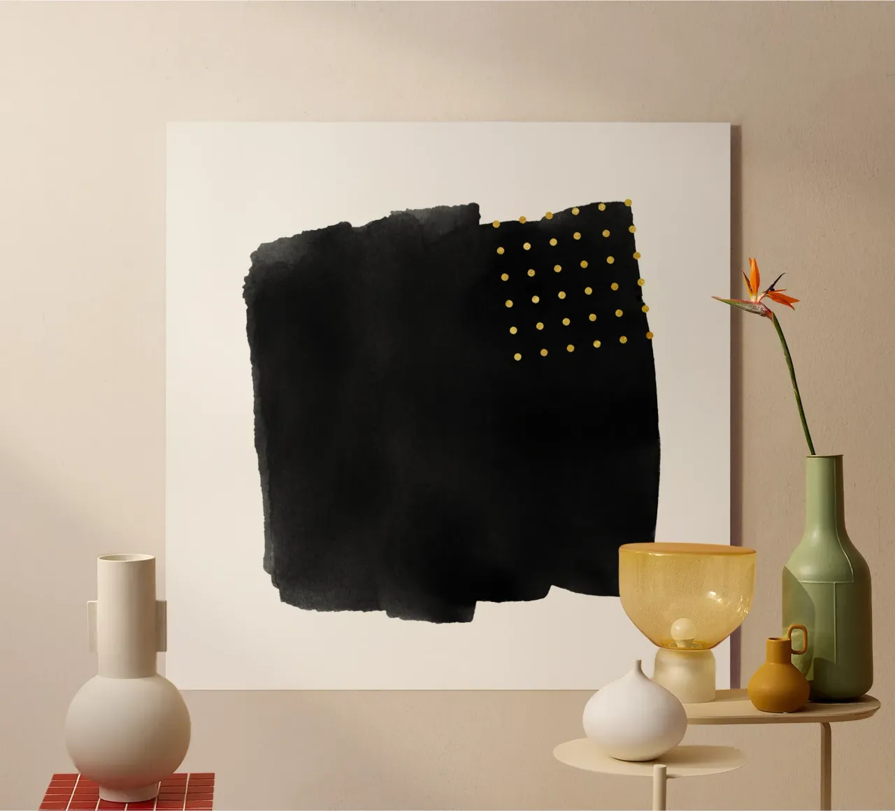Pennellata astratta nera ad acquerello con pois dorati plexiglass da amini54