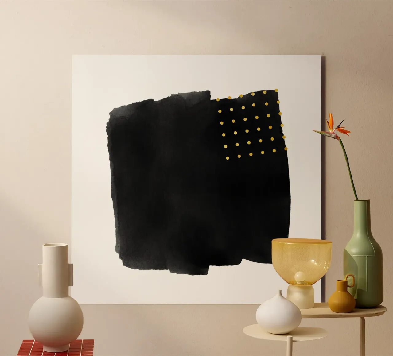 Black Abstract Watercolor Brushstroke with Gold Polka Dots forex plate by amini54