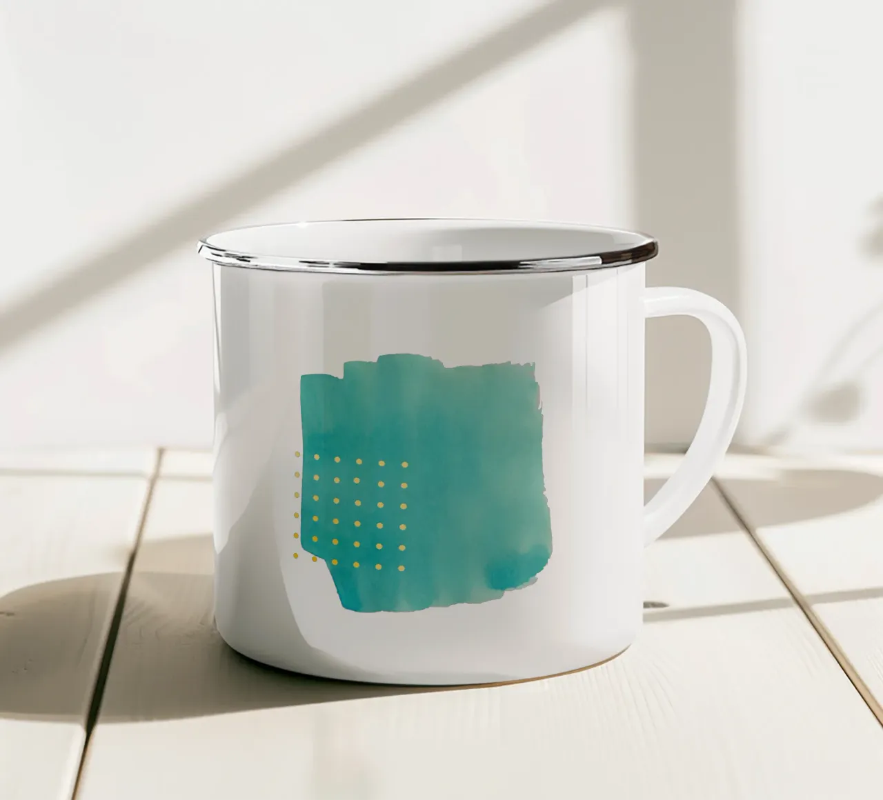 Pennellata astratta ad acquerello verde acqua con pois gialli tazza in smalto da amini54