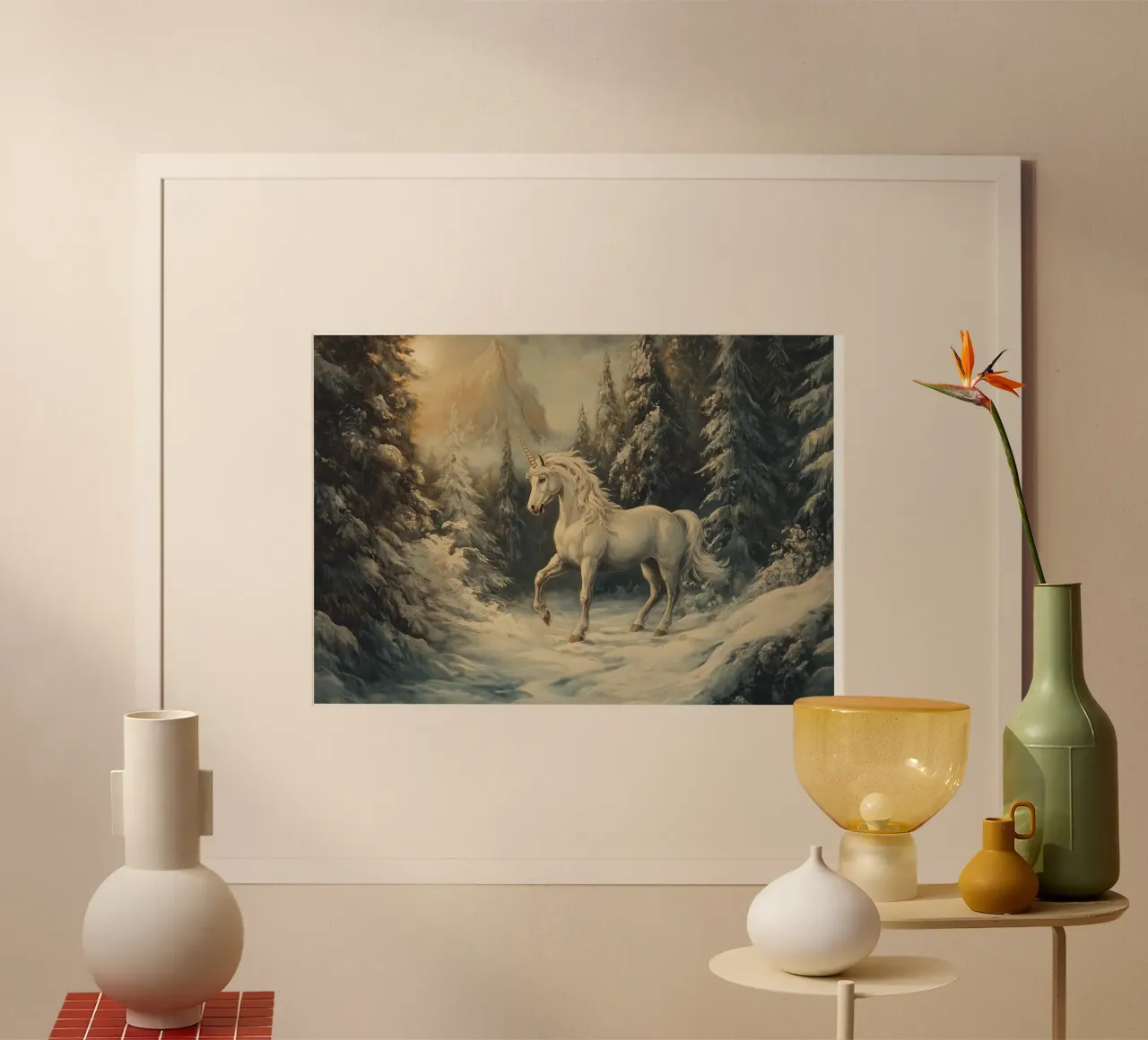 Einhorn im Winterwald poster con telaio in legno da Luna & Noctua