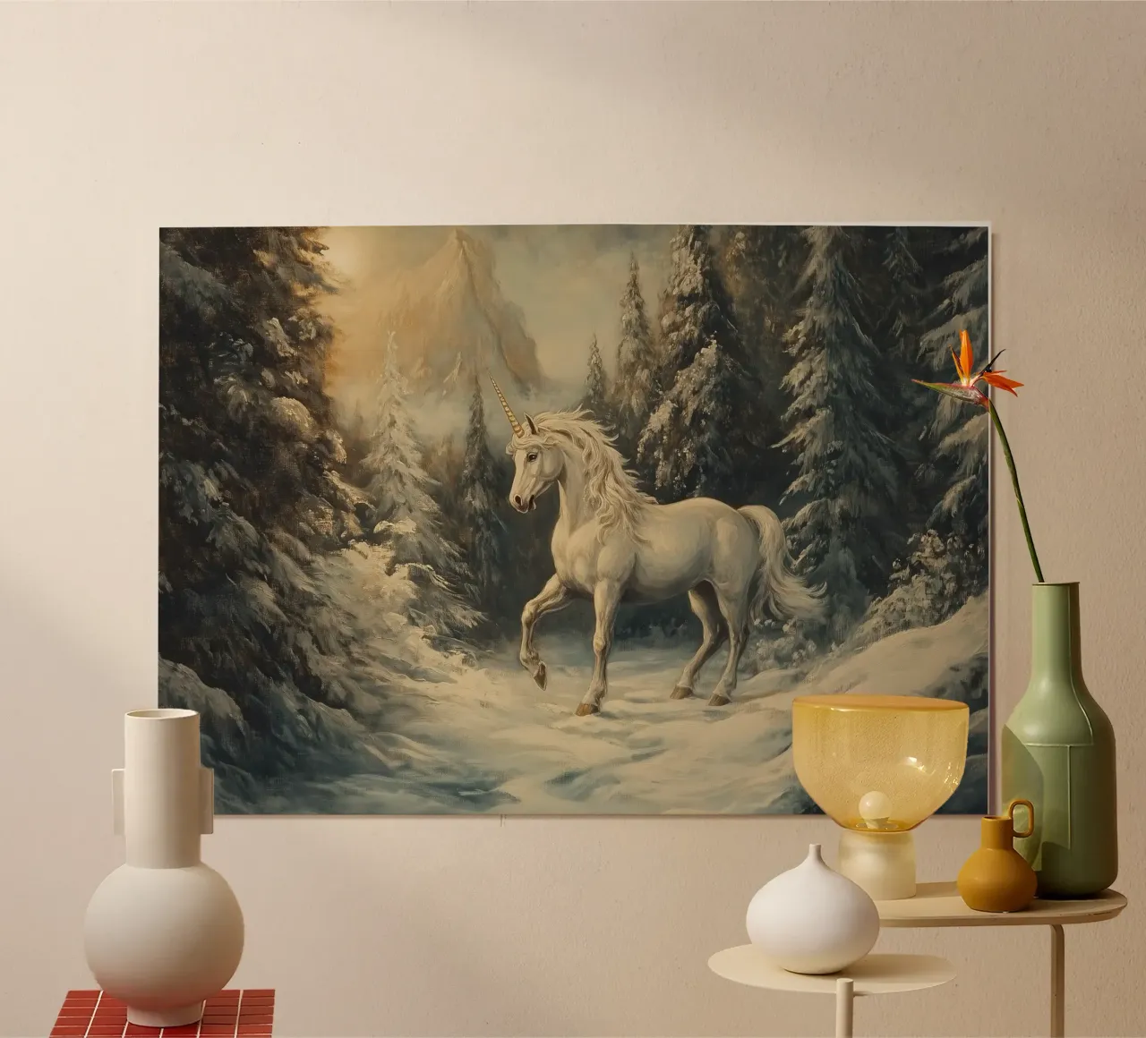 Einhorn im Winterwald poster con telaio in legno da Luna & Noctua