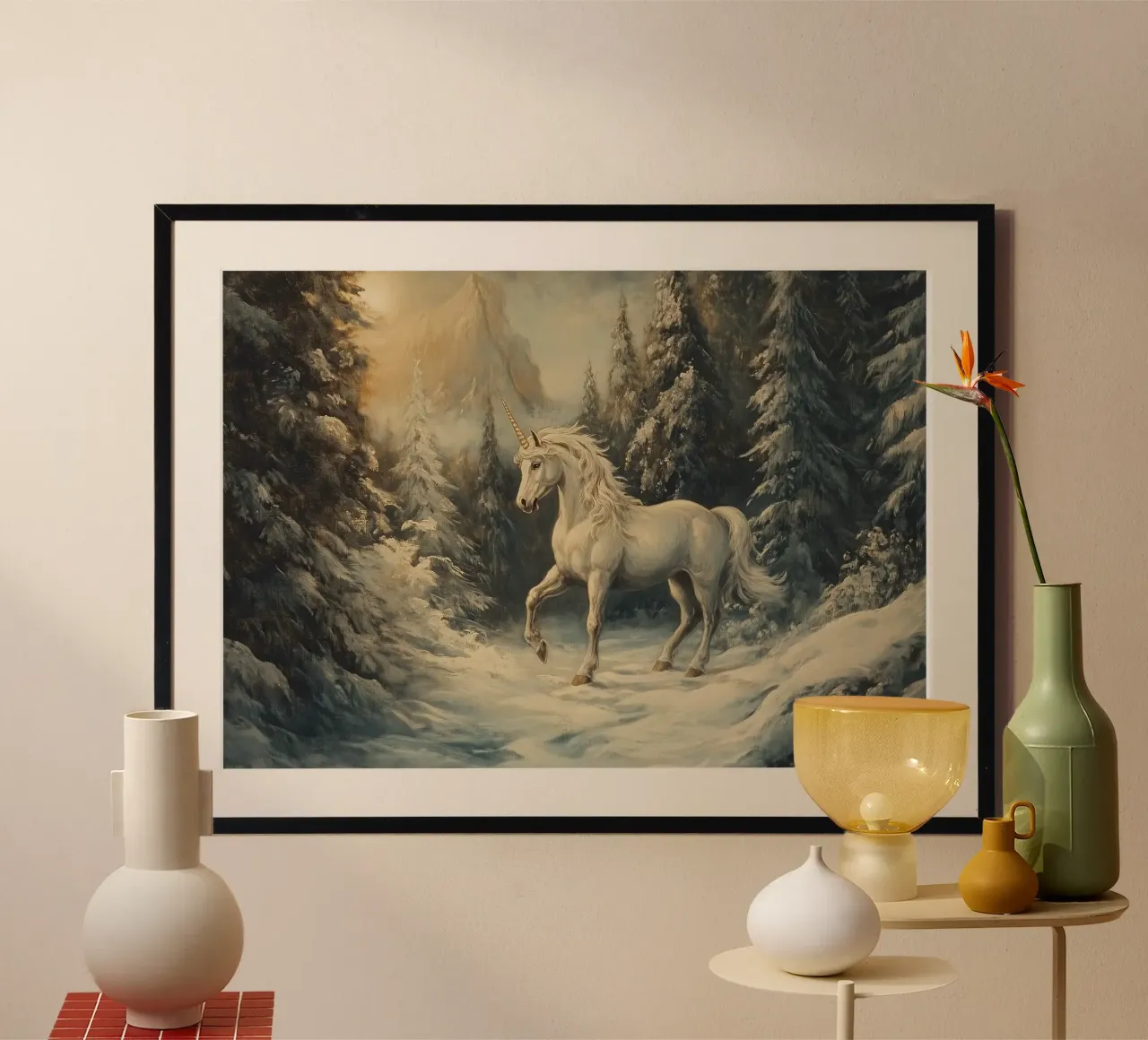 Einhorn im Winterwald poster con telaio in legno da Luna & Noctua