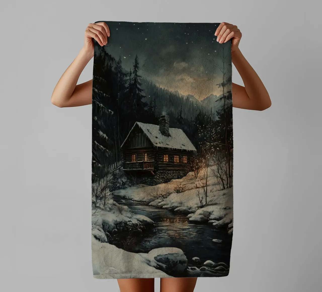 Häuschen im Winterwald towel by Luna & Noctua