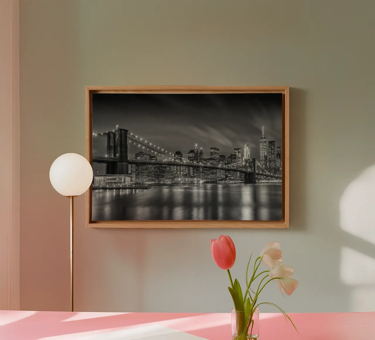 PONTE DI BROOKLYN Impressioni di notte | Monochrom tela con Cornice a cassetta da Melanie Viola
