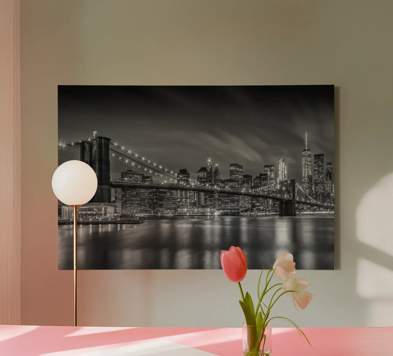 PONTE DI BROOKLYN Impressioni di notte | Monochrom tela con Cornice a cassetta da Melanie Viola