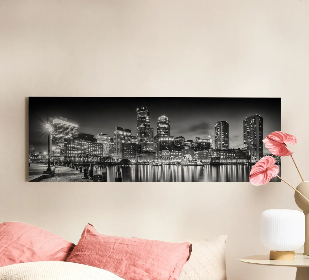 BOSTON Fan Pier Park & Skyline in de avond | Panorama Monochrom canvas met Baklijst van Melanie Viola