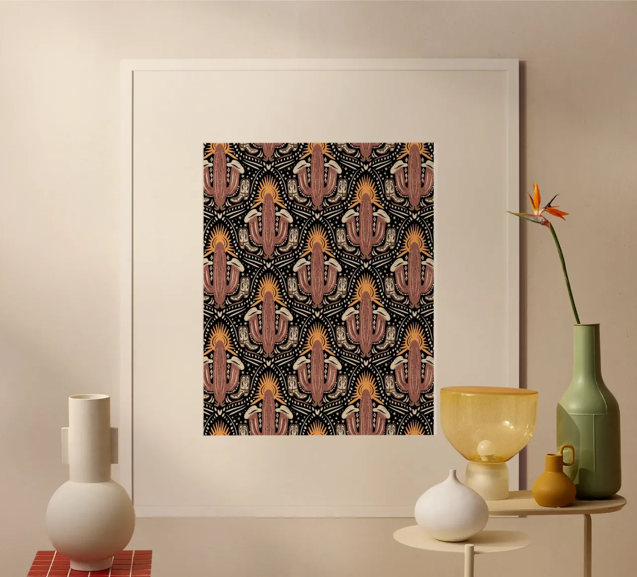 Western Sunset Black Pattern poster con telaio in plastica da anisillustration