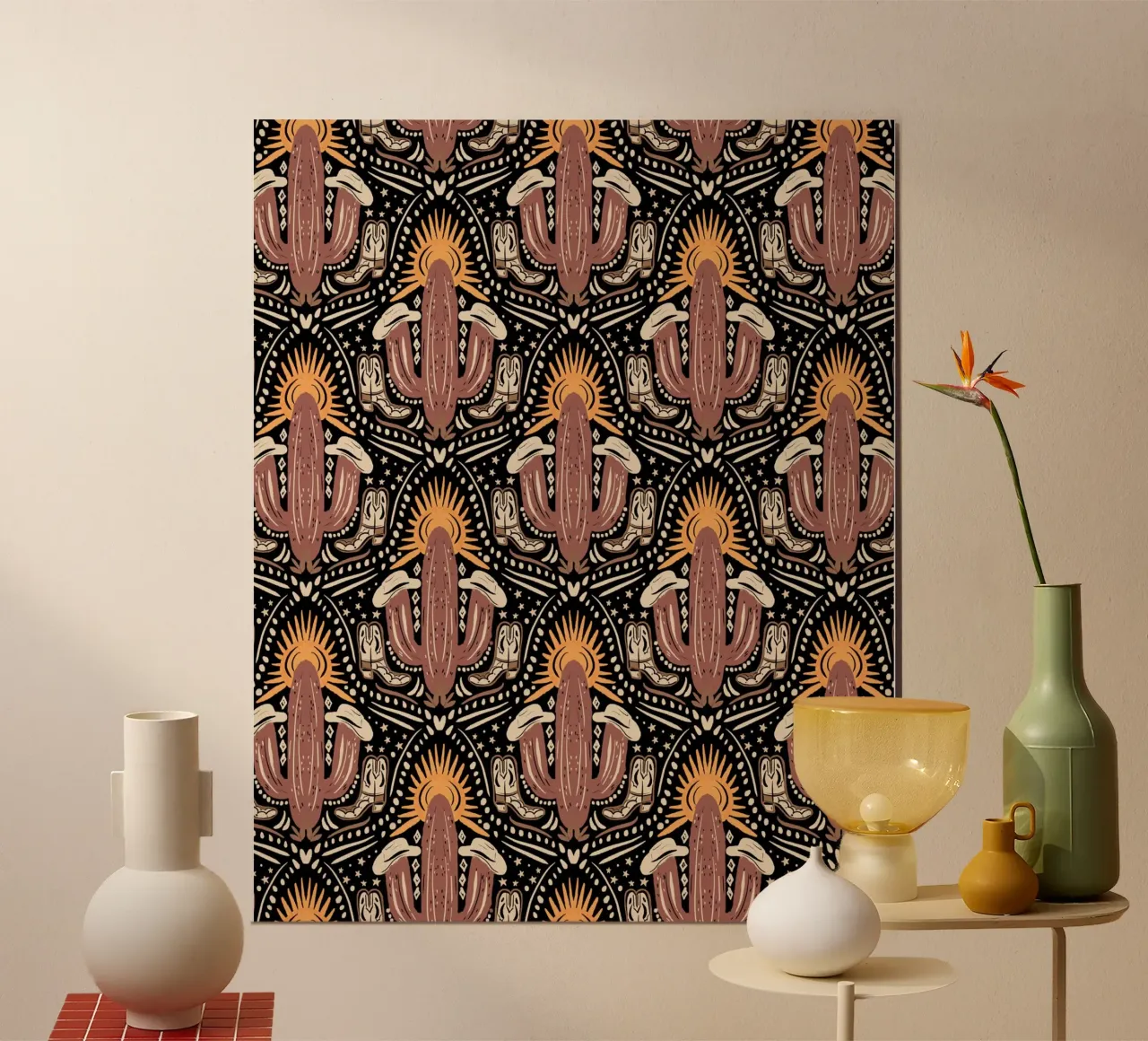 Western Sunset Black Pattern poster con telaio in plastica da anisillustration