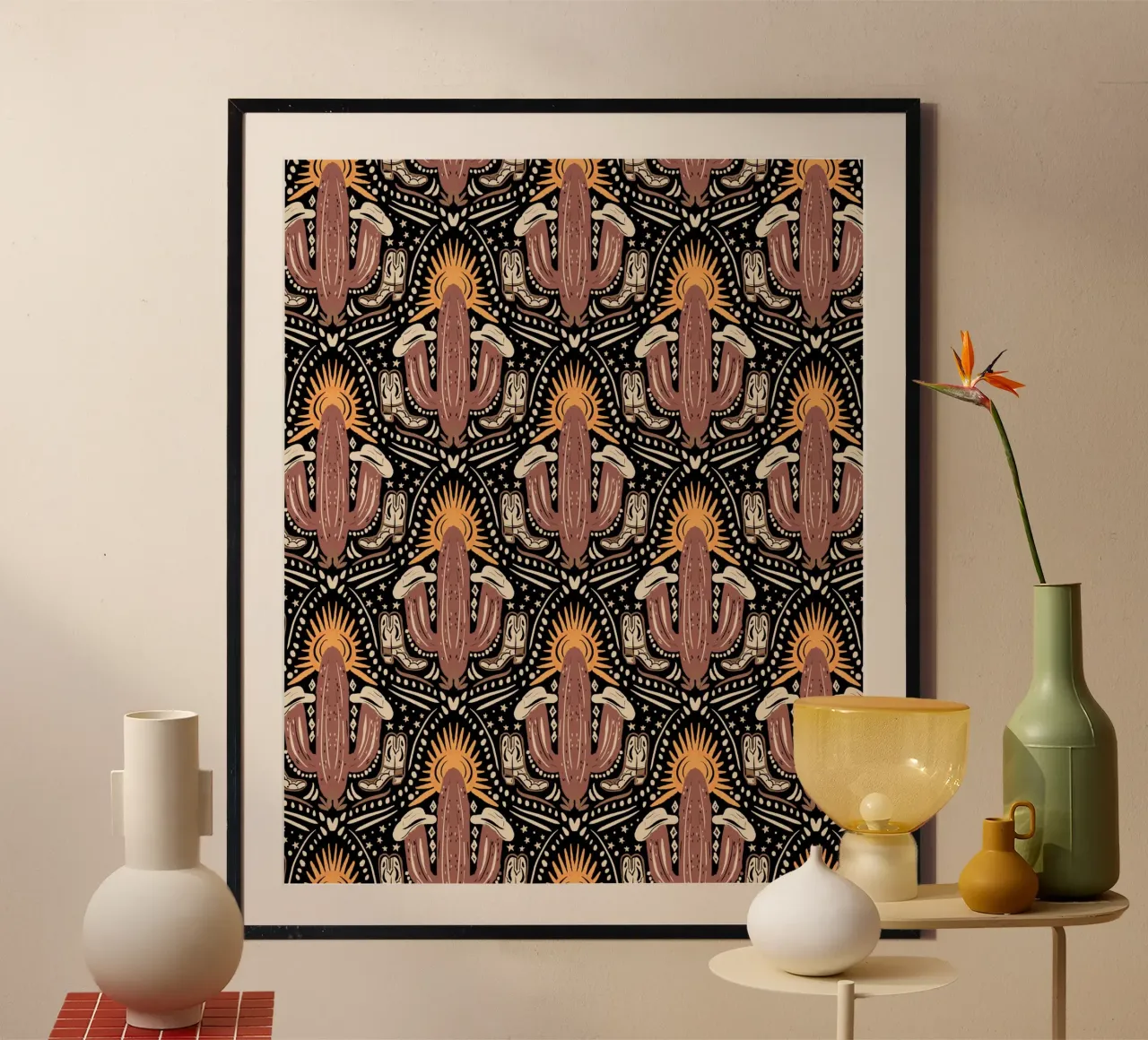 Western Sunset Black Pattern poster con telaio in plastica da anisillustration