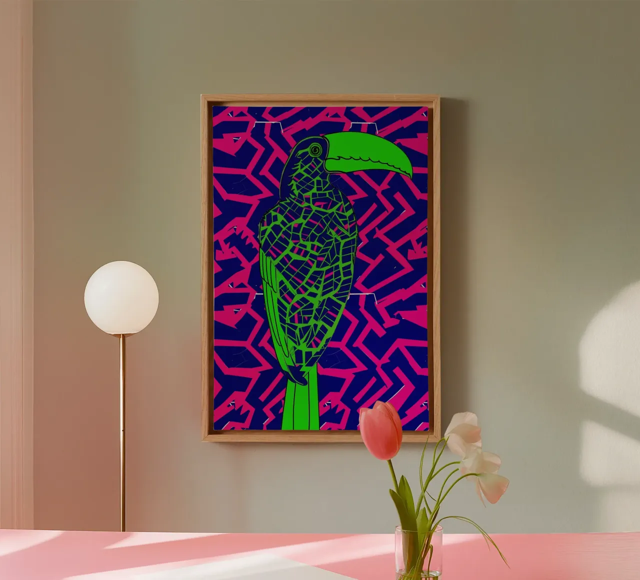 Abstract Neon Toucan Pattern canvas with Floater frame by Autofocus