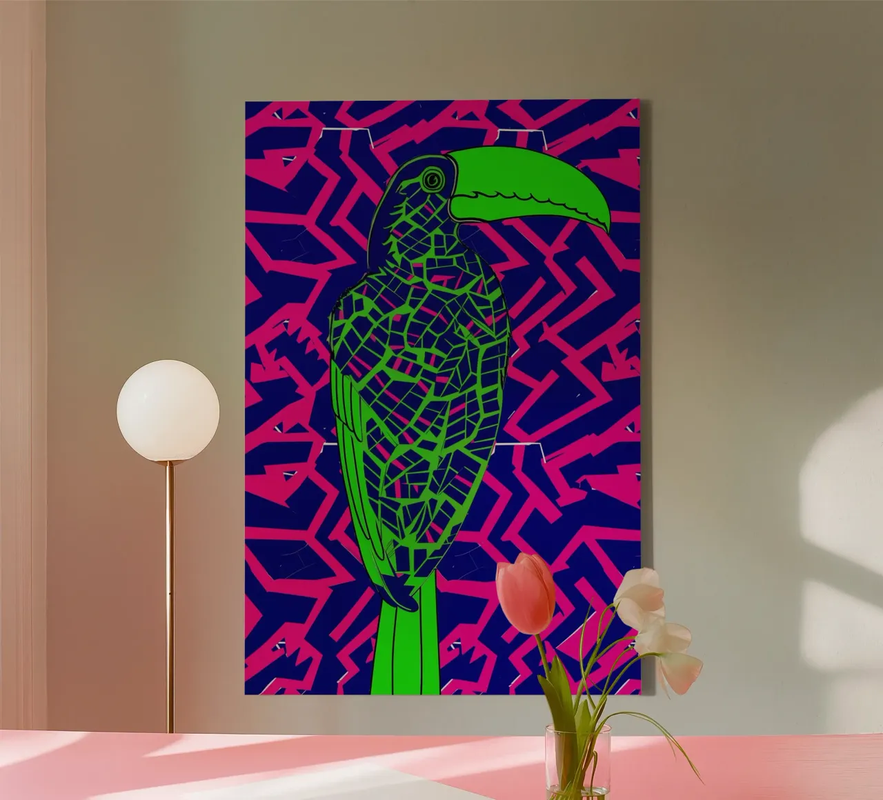 Abstract Neon Toucan Pattern canvas with Floater frame by Autofocus