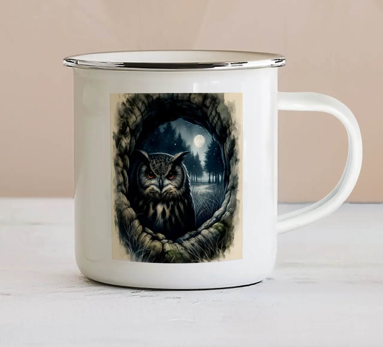 GUFO IN INVERNO tazza in smalto da ARTOMATIC