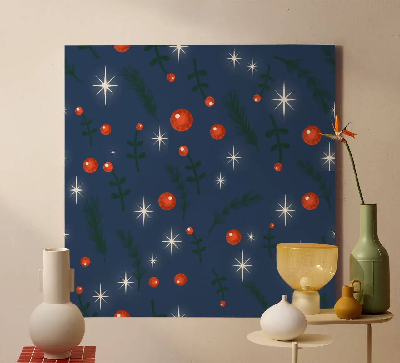 Kerstbladeren donkerblauw canvas met Baklijst van susanacosta