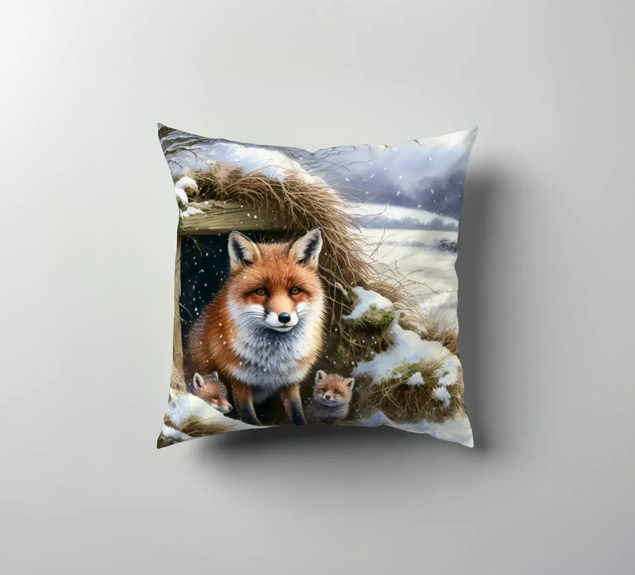 Cuccioli di volpe in inverno cuscino da ARTOMATIC