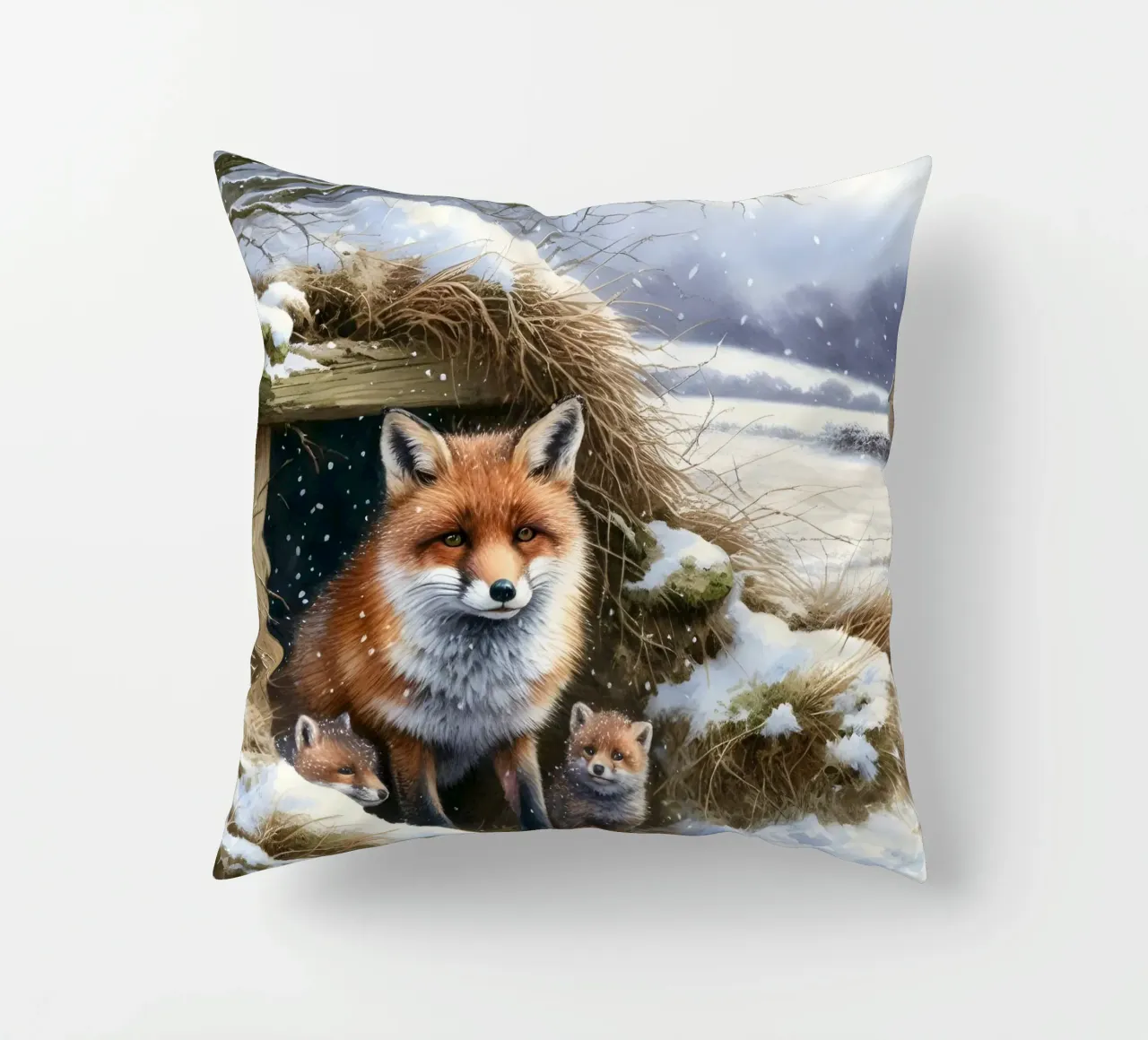 Cuccioli di volpe in inverno cuscino da ARTOMATIC